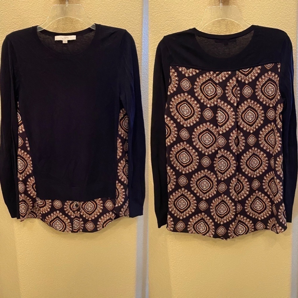 ANN TAYLOR LOFT Women Navy Silk Blend Patterned Long Sleeve Top Size XS